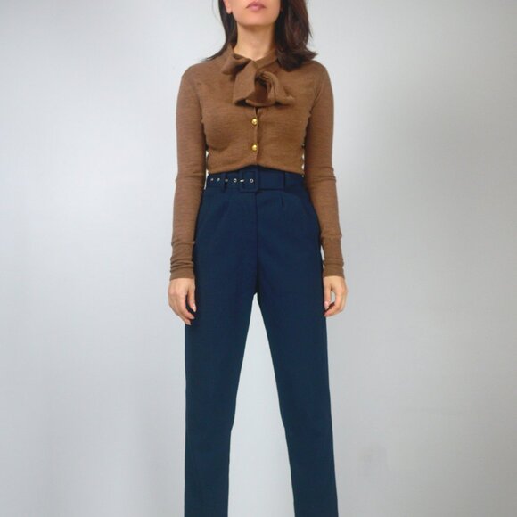 Pink Tartan Merino Wool Caramel Cardigan with Gold Buttons & Tie Neck, sz XS - Picture 6 of 13